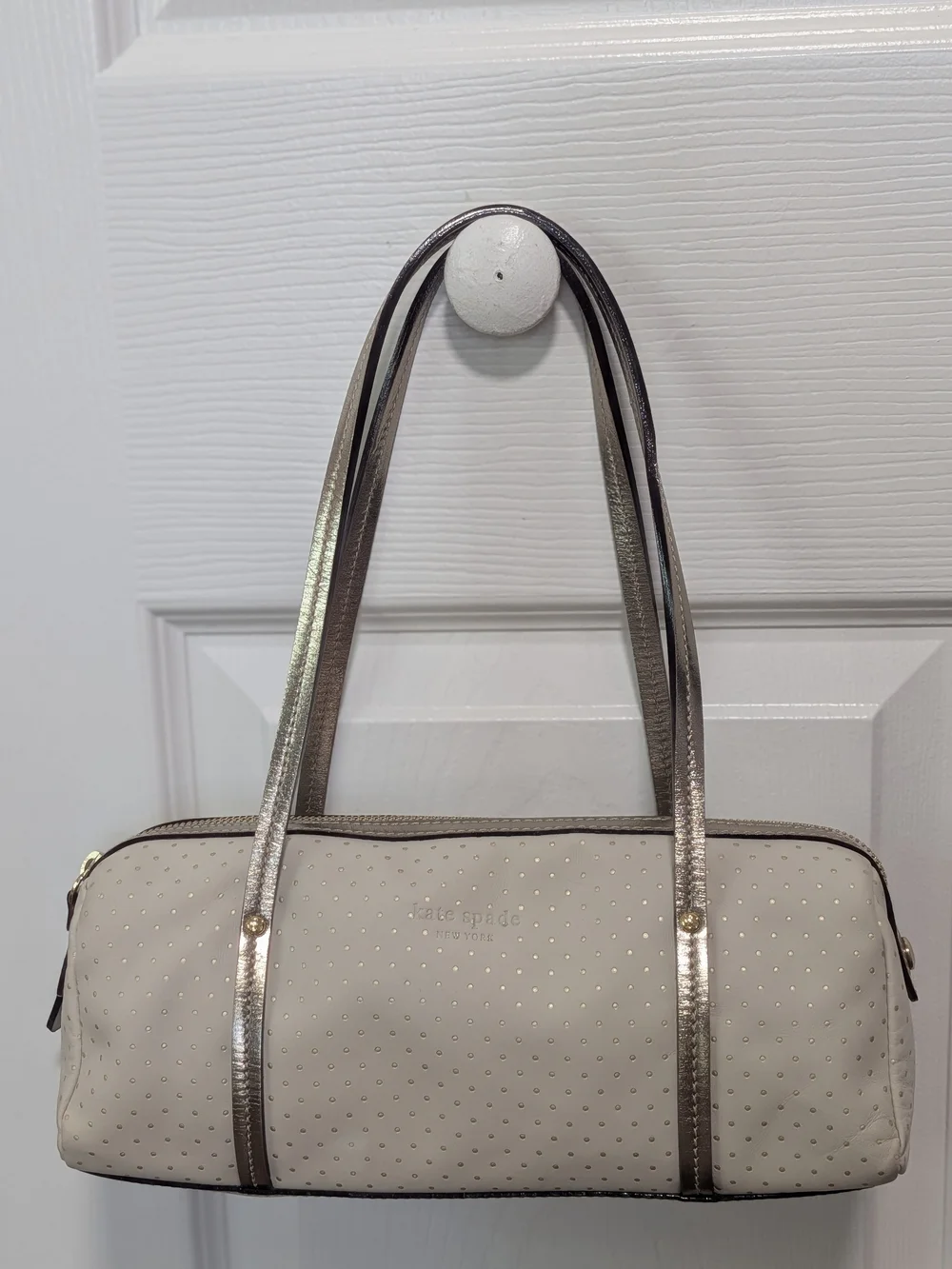 Vintage Y2K Kate Spade Metallic Gold & Cream Barrel Bag w/ Card - Mint Condition